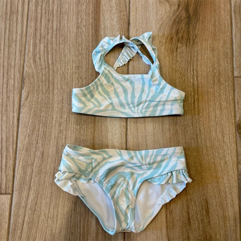 GB Girls 2-Piece Zebra Print Bikini Swimsuit Set Blue/White Ruffle Size 5